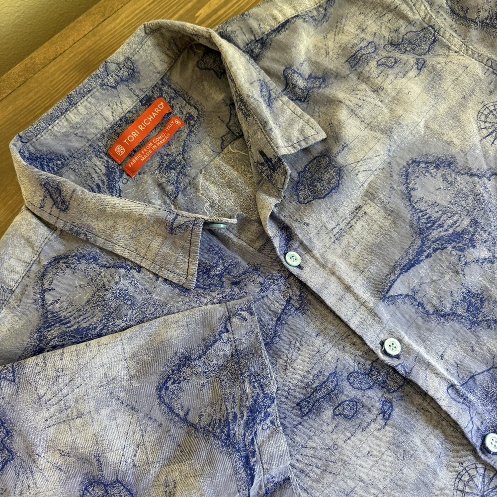 Tori Richard Men's XL Blue Map Print Hawaiian Short Sleeve Button Up Shirt